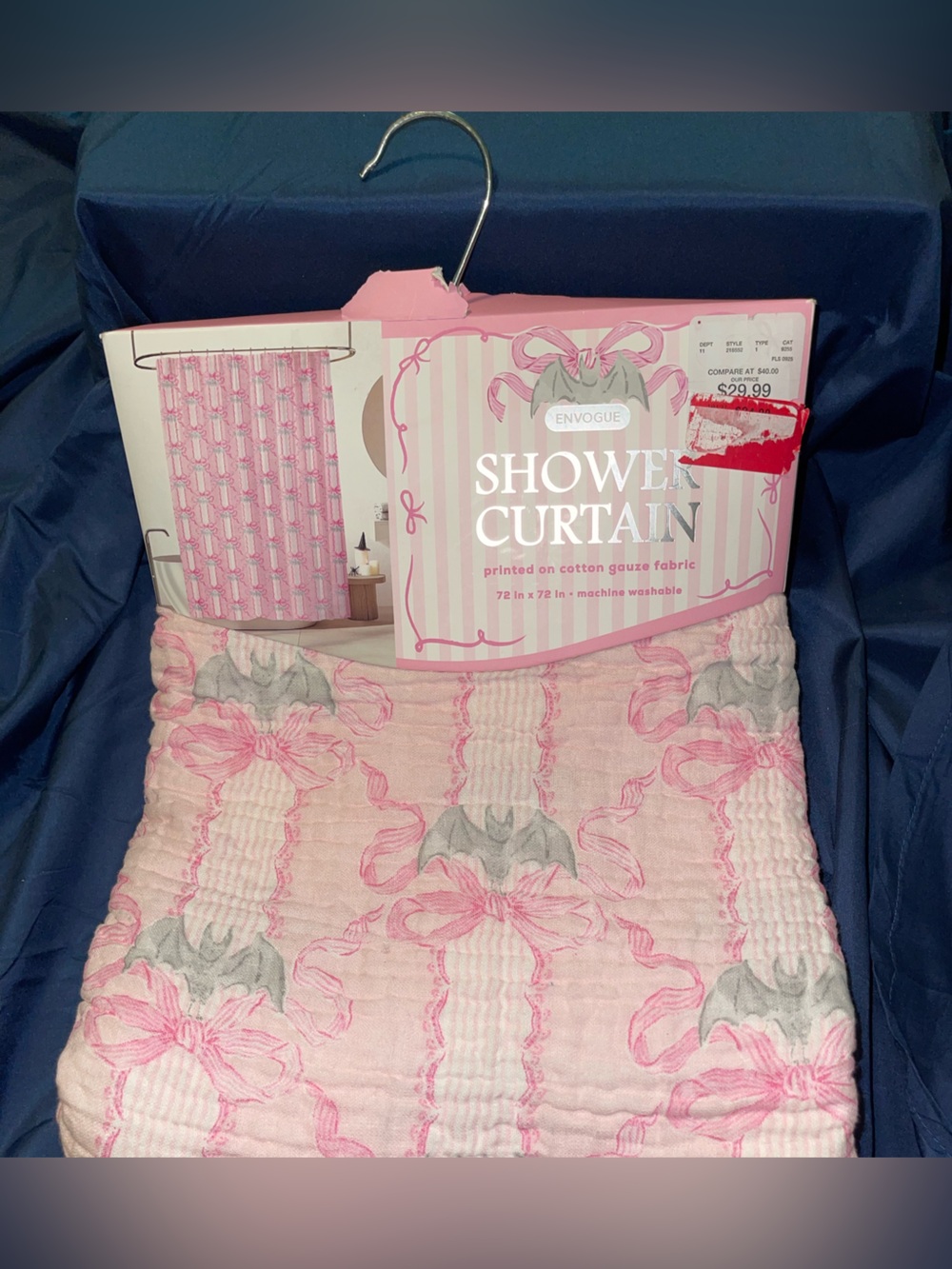 Envogue Pink and Light Gray Bow Cotton Gauze Shower Curtain